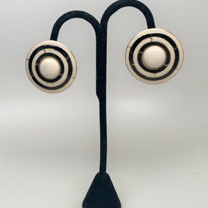 Vintage Cream & Black Color Enamel With Resin Cabochon Clip On Earrings